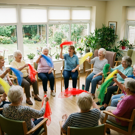 Eine Gruppe von Senioren sitzt im Kreis in einem hellen Raum und macht leichte Gymnastikübungen mit bunten Tüchern. Alle wirken engagiert und fröhlich. Natürliches Licht, realistische Szene.