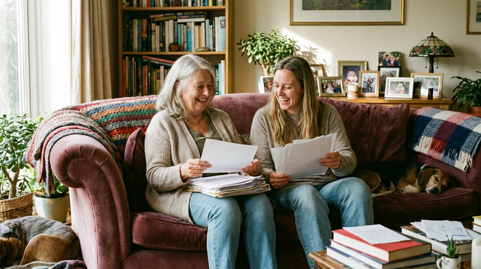 Eine ältere Frau und ihre erwachsene Tochter sitzen entspannt auf einem Sofa und schauen sich lächelnd Unterlagen an. Ein Gefühl von Erleichterung und gelöster Stimmung in einem gemütlichen Wohnzimmer.