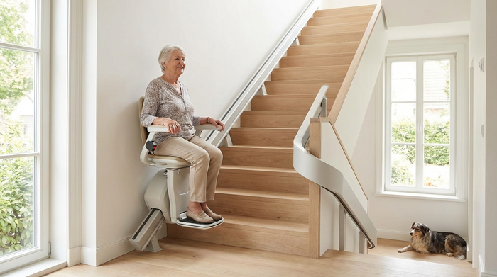 Ein moderner, unauffälliger Treppenlift in einem gepflegten Einfamilienhaus. Eine ältere Dame fährt sicher und bequem die Treppe hinauf, mit einem zufriedenen Gesichtsausdruck. Helle Ausleuchtung.