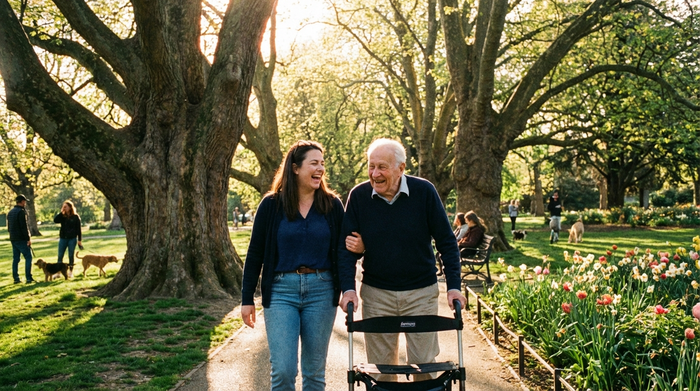 Eine engagierte Alltagsbegleiterin spaziert mit einem älteren Herrn mit Rollator durch einen sonnigen Park mit großen Bäumen. Entspannte Stimmung, klares Wetter, fröhliche Gesichter, realistische Szene ohne Text.