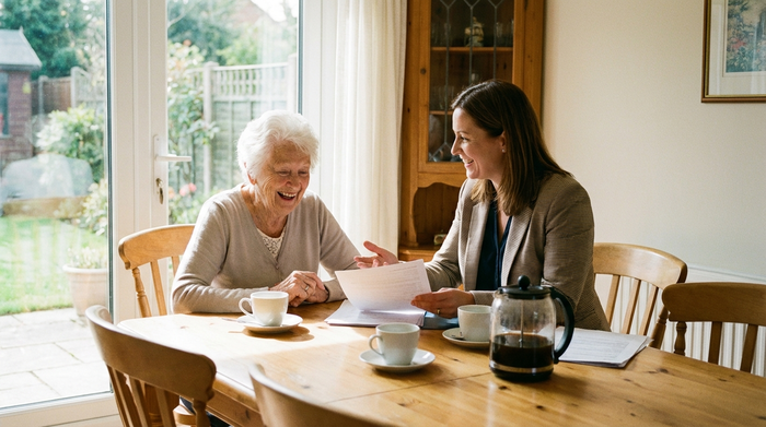 Eine ältere Dame sitzt am Esstisch und bespricht gut gelaunt Dokumente mit einer Beraterin in professioneller Kleidung. Helles Esszimmer, Kaffeetassen auf dem Tisch, vertrauensvolles Gespräch, fotorealistische Darstellung.