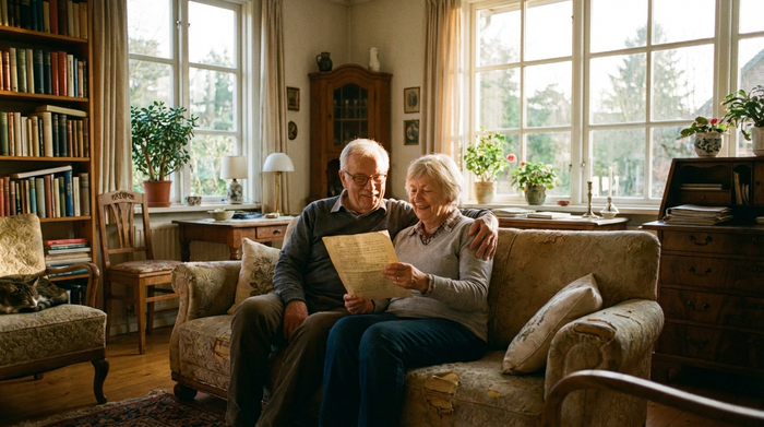 Ein älteres Ehepaar sitzt entspannt auf dem Sofa und betrachtet zufrieden ein Dokument. Ruhige, aufgeräumte Wohnzimmeratmosphäre, sanftes Abendlicht, realistische und harmonische Szene ohne Schriftzüge.