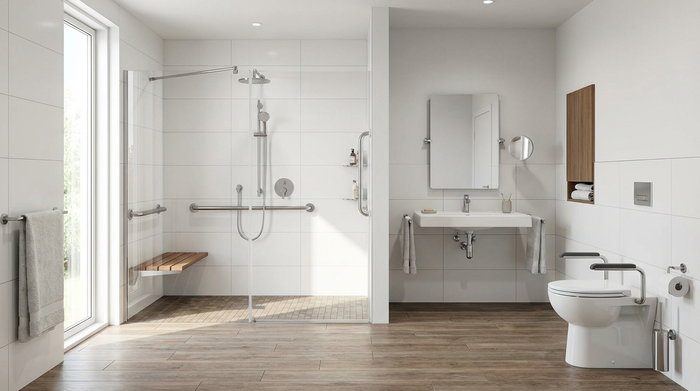 Ein modernes, helles und barrierefreies Badezimmer mit einer großzügigen, bodengleichen Dusche und Haltegriffen. Saubere Fliesen, sichere Umgebung für Senioren, hochwertige Ausstattung, fotorealistische Innenaufnahme ohne Text.