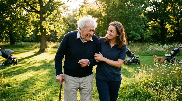 Ein älterer Herr und eine jüngere Betreuerin spazieren gemeinsam lachend durch einen grünen Park. Sonniges Wetter, entspannte und vertrauensvolle Stimmung.