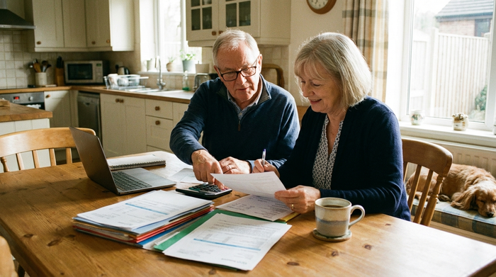 Ein älteres Ehepaar sitzt mit Dokumenten am Esstisch und plant die Finanzen. Eine Kaffeetasse liegt bereit. Realistische, ernsthafte aber entspannte Wohnszene.