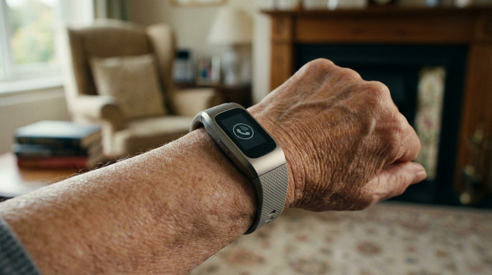 Eine detailreiche Nahaufnahme eines modernen Hausnotruf-Armbands am Handgelenk einer älteren Person. Im Hintergrund leicht verschwommen ein gemütliches Wohnzimmer.