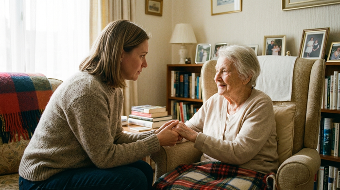 Eine besorgte, aber liebevolle Tochter hält sanft die Hände ihrer älteren Mutter im Wohnzimmer. Beide schauen sich verständnisvoll an. Warme, emotionale Atmosphäre.