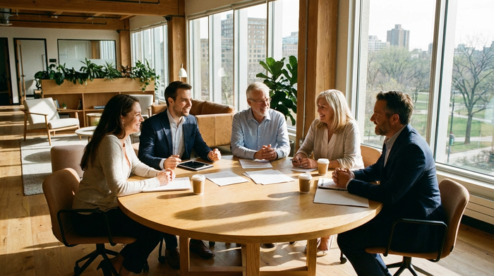 Eine Familie sitzt mit einem professionellen Berater in einem modernen, lichtdurchfluteten Büro an einem runden Holztisch. Dokumente liegen bereit, alle Beteiligten wirken entspannt und nicken zustimmend.