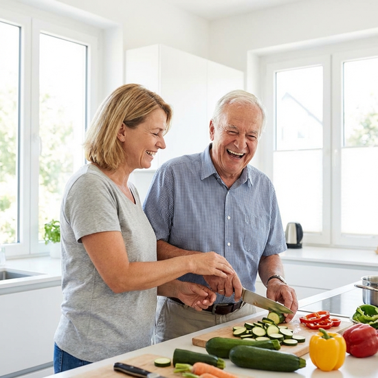 Eine freundliche Betreuungskraft und ein älterer Herr kochen gemeinsam in einer sauberen, gut beleuchteten Küche. Sie schneiden frisches Gemüse und lachen miteinander.