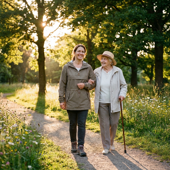 Eine geduldige Pflegekraft stützt eine Seniorin behutsam beim Spaziergang durch einen grünen Park an einem sonnigen Nachmittag.