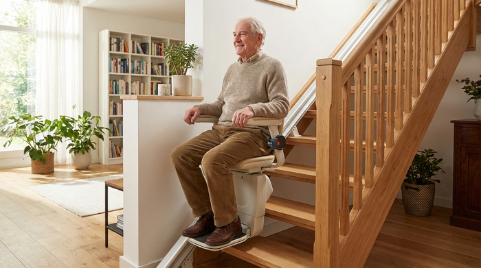 Ein älterer Mann fährt sicher und entspannt mit einem modernen Treppenlift eine gut beleuchtete Holztreppe in einem gepflegten Einfamilienhaus hinauf.