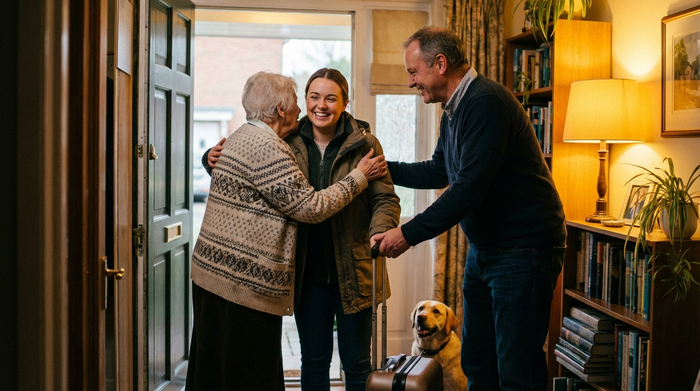 Eine junge Betreuungskraft wird an der Haustür herzlich von einer älteren Dame und ihrem Sohn begrüßt. Die Kraft hält einen kleinen Koffer, alle lächeln freundlich im warmen Licht des Flurs.