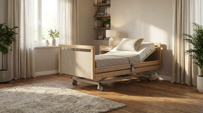 Ein modernes, elektrisch verstellbares Pflegebett in einem gemütlich eingerichteten Schlafzimmer mit warmem Holzfußboden, flauschigem Teppich und hellen Vorhängen. Realistische, saubere Umgebung ohne Text.