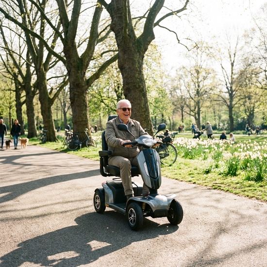 Ein rüstiger Senior fährt an einem sonnigen Tag mit einem modernen Elektromobil durch einen grünen Park mit großen Bäumen und gepflasterten Wegen. Lebensfreude und Mobilität stehen im Fokus.