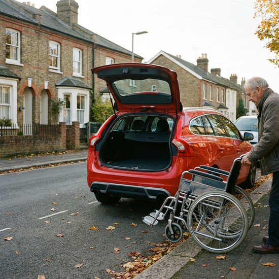 Ein leichter, faltbarer Rollstuhl aus Aluminium steht zusammengeklappt neben dem geöffneten Kofferraum eines geparkten Autos in einer ruhigen Wohnstraße.