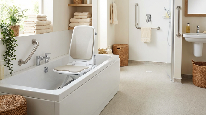 Ein helles, barrierefreies Badezimmer mit einem sicheren, ergonomischen Badewannenlift, der in einer sauberen, weißen Badewanne installiert ist. Im Hintergrund liegen weiche, gefaltete Handtücher.