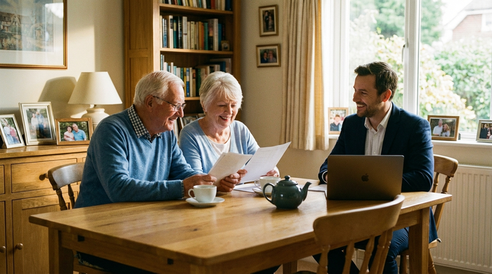Ein älteres Ehepaar sitzt gemeinsam an einem Holzesstisch und bespricht entspannt Dokumente mit einem freundlichen Berater. Kaffeetassen stehen auf dem Tisch, warme und vertrauensvolle Atmosphäre.