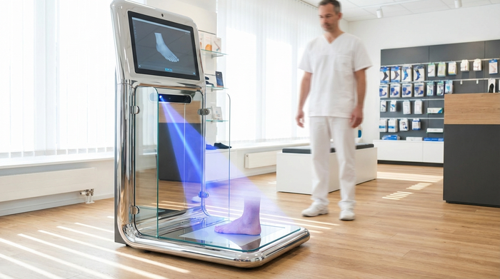 Ein hochmoderner 3D-Fußscanner in einem hellen, sauberen Sanitätshaus. Ein sanfter blauer Lichtstrahl tastet einen nackten Fuß ab, während im Hintergrund verschwommen ein Orthopädietechniker in weißer Kleidung steht.