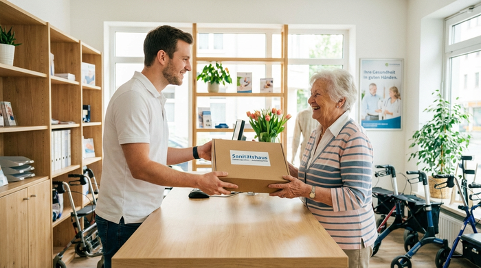 Ein freundlicher Sanitätshaus-Mitarbeiter überreicht einer lächelnden Seniorin ein verpacktes medizinisches Hilfsmittel über einen hellen Tresen aus Holz. Vertrauensvolle und professionelle Beratungsatmosphäre.