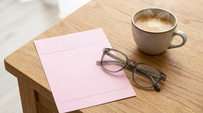 Ein rosa Rezeptformular liegt auf einem sauberen Holztisch neben einer stilvollen Brille und einer Tasse Kaffee. Die Szene ist hell, aufgeräumt und realistisch, ohne lesbaren Text auf dem Papier.