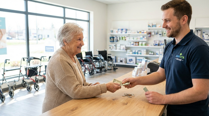 Eine ältere Dame bezahlt in einem hellen, modernen Sanitätshaus an der Kasse bar bei einem freundlichen Mitarbeiter. Im Hintergrund sind unscharf Rollatoren und Gesundheitsprodukte zu erkennen.