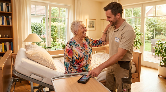 Ein freundlicher Techniker erklärt einer strahlenden Seniorin im Wohnzimmer die Funktionen eines neuen, modernen Pflegebettes. Die Szene ist sonnig, einladend und zeigt eine vertrauensvolle Interaktion.