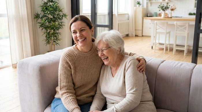 Eine fürsorgliche Pflegekraft sitzt gemeinsam mit einer Seniorin auf einem bequemen Sofa. Beide lachen herzlich miteinander. Im Hintergrund ist ein modernes, helles Wohnzimmer zu sehen.