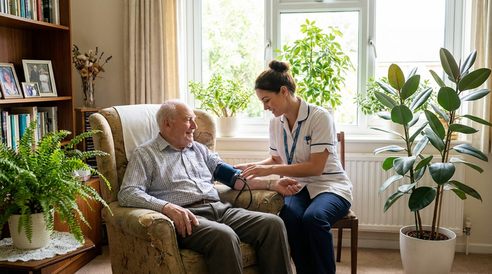 Ein älterer Herr sitzt entspannt in einem bequemen Sessel, während eine aufmerksame Pflegekraft vorsichtig seinen Blutdruck misst. Das Zimmer ist ordentlich und lichtdurchflutet, mit grünen Zimmerpflanzen im Hintergrund.