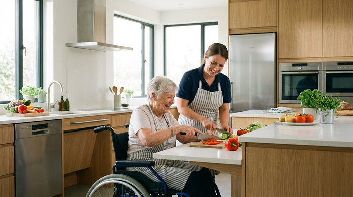Eine Pflegekraft und eine Seniorin bereiten gemeinsam in einer modernen, sauberen Küche eine frische Mahlzeit zu. Beide lachen, während sie Gemüse schneiden. Die Küche ist barrierefrei und gut beleuchtet.