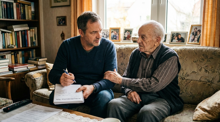 Ein besorgter, aber liebevoller Sohn sitzt mit seinem betagten Vater auf dem Sofa. Der Sohn hält einen Stift und einen Notizblock, beide besprechen ruhig die Organisation des Alltags.