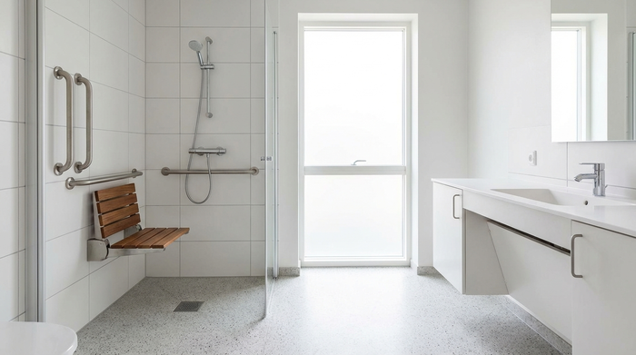 Ein helles, modernes und barrierefreies Badezimmer mit einer bodengleichen Dusche und einem eleganten Duschsitz. An der Wand sind dezente, sichere Haltegriffe angebracht. Die Umgebung wirkt sehr sauber und rutschfest.