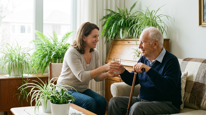 Eine einfühlsame Pflegekraft reicht einem älteren Herrn behutsam ein Glas Wasser. Helles, ordentliches Wohnzimmer mit grünen Zimmerpflanzen im Hintergrund.