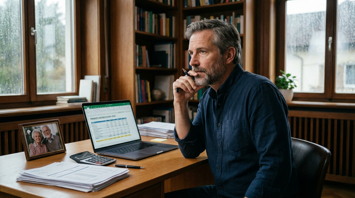 Ein nachdenklicher Mann mittleren Alters sitzt an einem aufgeräumten Schreibtisch. Er hält einen Stift in der Hand und plant konzentriert die Finanzen für seine Eltern.