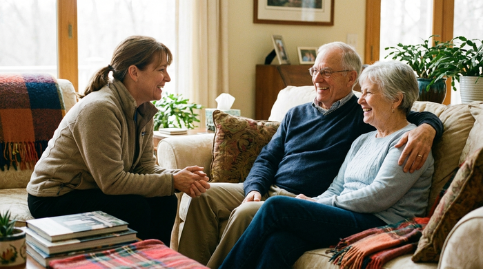 Eine engagierte Pflegedienstleitung im Gespräch mit einem älteren Ehepaar auf einem bequemen Sofa. Alle wirken entspannt, lächeln und nicken zustimmend.