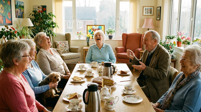Eine fröhliche Gruppe von Senioren sitzt beim Nachmittagskaffee in einer sonnendurchfluteten Tagespflegeeinrichtung zusammen und lacht herzlich.