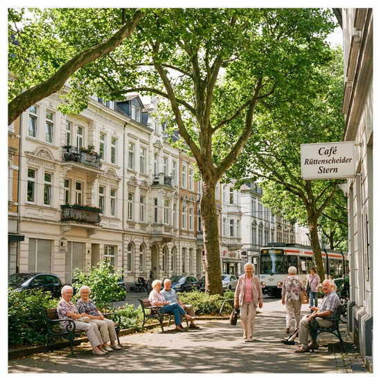 Ein Blick auf eine typische, gepflegte Straße in Essen-Rüttenscheid mit schönen Altbauten und grünen Bäumen an einem sonnigen Tag, ein Symbol für das vertraute Zuhause im Alter.