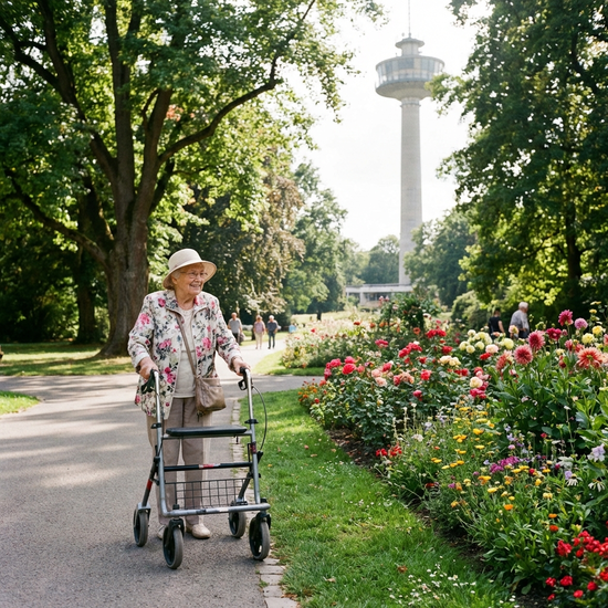 Eine ältere Dame mit Rollator spaziert entspannt durch den Grugapark in Essen, umgeben von bunten Blumenbeeten und altem Baumbestand.