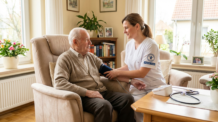 Eine examinierte Pflegekraft misst sanft den Blutdruck eines älteren Herrn im bequemen Sessel seines Wohnzimmers. Helle, freundliche Umgebung, die medizinische Kompetenz ausstrahlt.