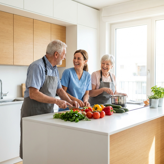 Eine herzliche Betreuungskraft kocht gemeinsam mit einem Senioren-Ehepaar in einer hellen, modernen Küche. Frisches Gemüse liegt auf der Arbeitsplatte, alle lachen fröhlich.