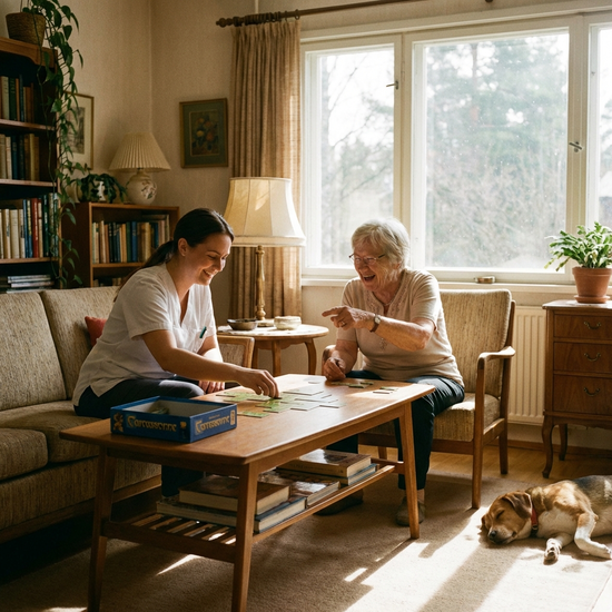 Eine Betreuungskraft und eine Seniorin spielen vergnügt ein Brettspiel am Wohnzimmertisch. Sonniges Licht fällt durch das große Fenster.