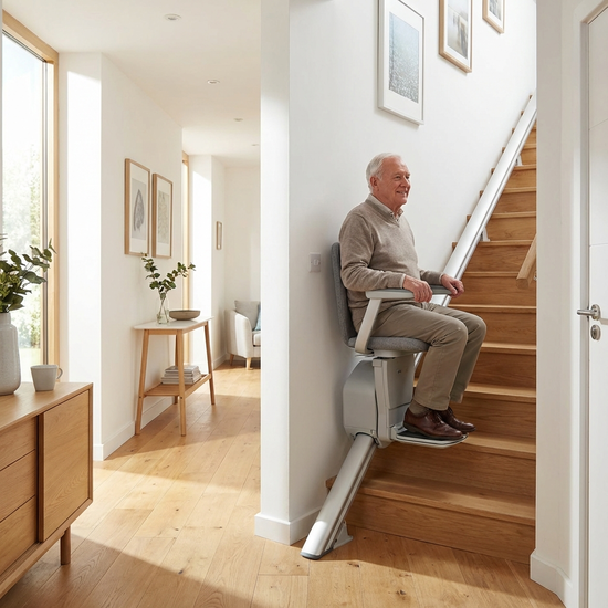 Ein moderner, unauffälliger Treppenlift in einem hellen, gepflegten Flur eines Einfamilienhauses. Ein älterer Herr fährt sicher und entspannt nach oben.