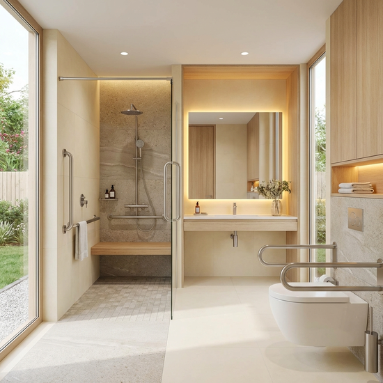 Ein barrierefreies, modernes Badezimmer mit einer bodengleichen Dusche, Haltegriffen und rutschfesten Fliesen. Hell und einladend gestaltet.