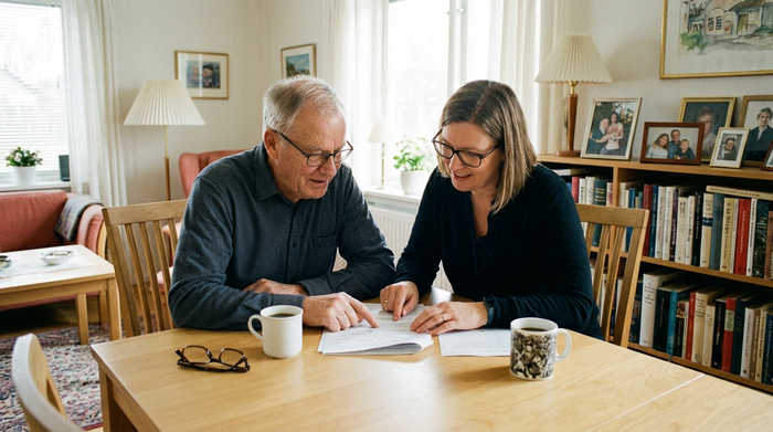 Ein älterer Herr sitzt gemeinsam mit seiner erwachsenen Tochter an einem hellen Holztisch im Wohnzimmer. Beide blicken konzentriert auf einige Dokumente, während sie eine Tasse Kaffee trinken. Die Stimmung ist vertraut und unterstützend.