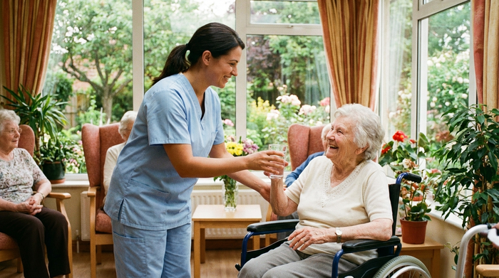 Eine freundliche Pflegekraft in hellblauer Berufskleidung reicht einer lächelnden Seniorin im Rollstuhl ein Glas Wasser. Sie befinden sich in einem sonnendurchfluteten Aufenthaltsraum mit Blick auf einen grünen Garten.