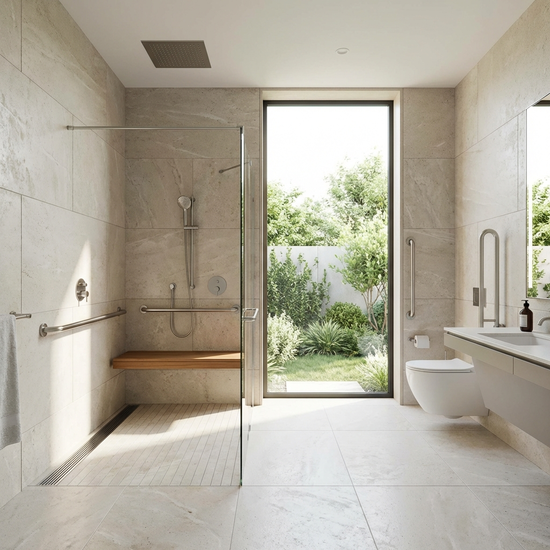 Ein modernes, barrierefreies Badezimmer mit einer großzügigen, bodengleichen Dusche. An den Wänden sind unauffällige, elegante Haltegriffe angebracht. Helle Fliesen und ein großes Fenster sorgen für eine angenehme Atmosphäre.