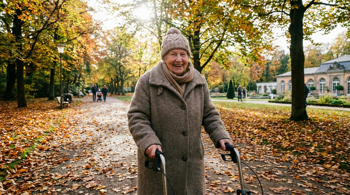 Eine entspannte Seniorin geht mit einem Rollator durch einen herbstlichen Park in Essen. Sie trägt einen warmen Mantel und lächelt zufrieden, während buntes Laub auf den Wegen liegt.