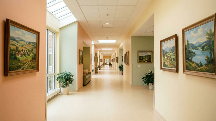 Ein heller, endloser Flur in einer modernen Pflegeeinrichtung, gestaltet in warmen Pastellfarben. Der Boden hat keine unruhigen Muster. An den Wänden hängen nostalgische Landschaftsbilder.