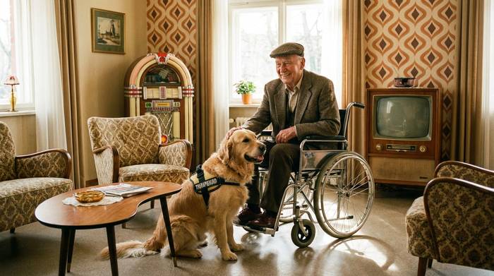 Ein freundlicher Therapiehund wird von einem lächelnden älteren Herrn im Rollstuhl gestreichelt. Die Szene findet in einem gemütlich eingerichteten Gemeinschaftsraum im Stil der 1950er Jahre statt.