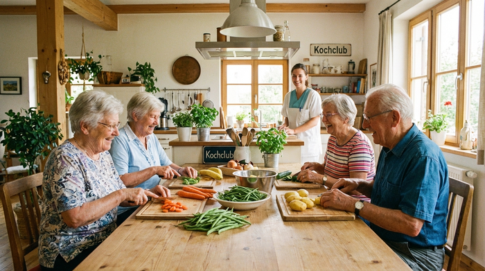 Eine kleine Gruppe von Senioren sitzt gemeinsam an einem großen Holztisch in einer hellen, offenen Wohnküche und bereitet frisches Gemüse vor. Eine Pflegekraft steht lächelnd im Hintergrund.