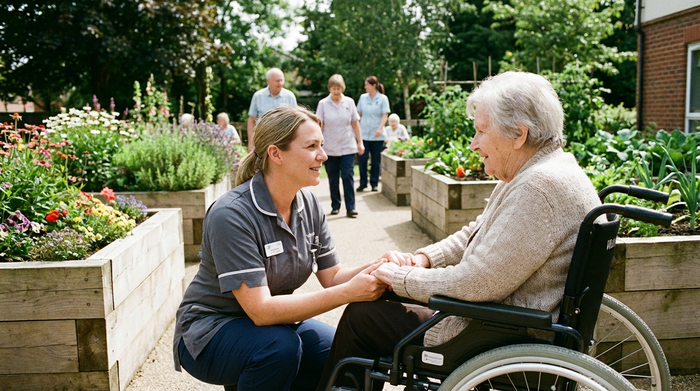 Eine erfahrene Pflegekraft beugt sich auf Augenhöhe zu einer älteren Bewohnerin hinab und spricht beruhigend mit ihr. Im Hintergrund ist ein sicherer, blühender Sinnesgarten mit Hochbeeten zu sehen.